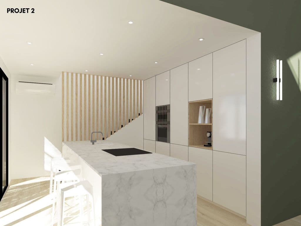 projet SD cuisine blanche avec ilot central equipe d un plan de travail en marbre et ventelles bois .jpg
