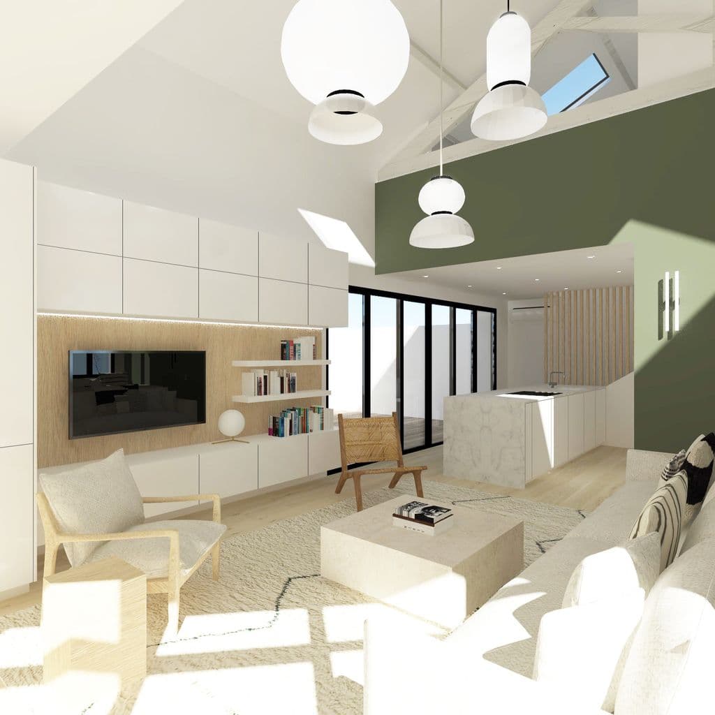 projet avec chambre en mezzanine ouverte sur la piece a vivre peinte en kaki.jpg