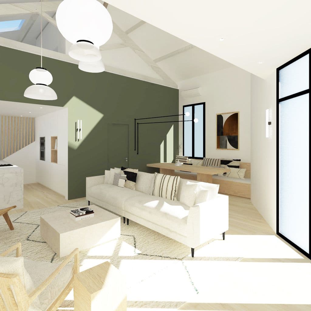 projet avec piece a vivre peinte en kaki avec double hauteur sous plafond.jpg