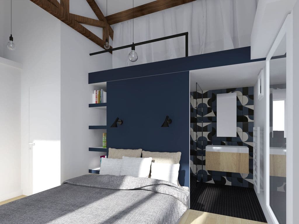 renovation suite parentale endoume marseille carrelage graphique bleu et blanc et tete de lit peinte en bleu.jpg